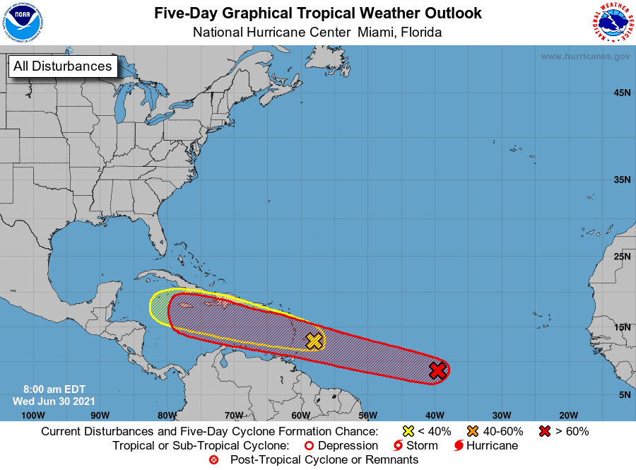 Forecasters at the National Hurricane Center are monitoring two tropical waves in the Atlantic Ocean for potential development. The red x is the more likely candidate to become Tropical Storm Elsa.