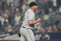 Chicago White Sox relief pitcher Liam Hendriks (31) celebrates after a baseball game against the New York Yankees Tuesday, June 6, 2023, in New York. The White Sox won 3-2. (AP Photo/Frank Franklin II)
