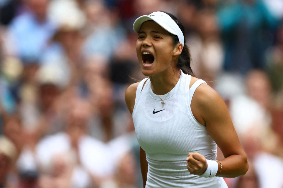 Tennis - Wimbledon - All England Lawn Tennis and Croquet Club, London, Britain - July 1, 2024 Britain's Emma Raducanu celebrates winning her first round match against Mexico's Renata Zarazua REUTERS/Hannah Mckay