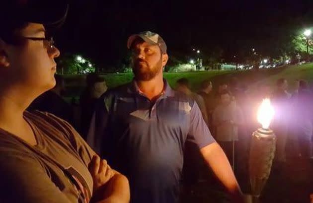 Reporters for Unicorn Riot photographed this man at the 2017 Charlottesville rally. Anti-fascists and a reporter for Right Wing Watch identified the man as Judson Blevins. 