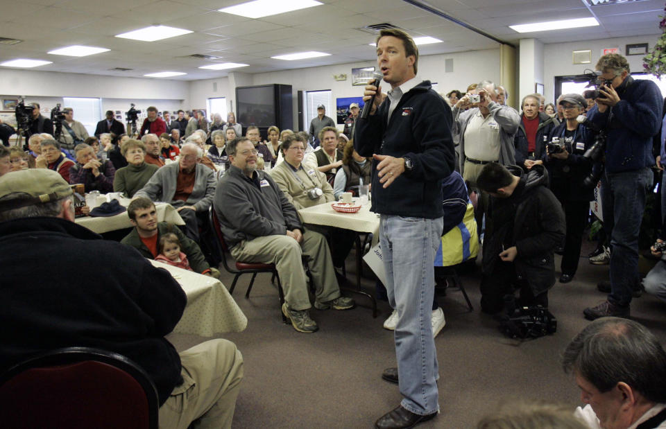 FILE - Then-Democratic presidential hopeful Sen. John Edwards. D-N.C., make a campaign stop at Tommy's Country Ham House Friday, Jan. 25, 2008, in Greenville, S.C. For decades, Tommy’s Country Ham House has hosted presidential candidates testing their mettle among voters in South Carolina. But the Greenville landmark has announced that it is turning off the fryer and shutting its doors. Owner Tommy Stevenson announced Sunday, Jan. 31, 2021 that Tommy’s would close this spring. (AP Photo/Mary Ann Chastain, file)