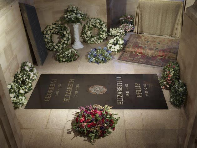 This photo provided by Buckingham Palace on Saturday Sept. 24, 2022 shows the ledger stone at the King George VI Memorial Chapel, St George's Chapel, Windsor Castle in Windsor, England. (Photo: Royal Collection Trust/The Dean and Canons of Windsor, PA via AP)