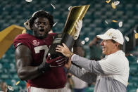 Alabama head coach Nick Saban and offensive lineman Alex Leatherwood hold the trophy after their win against Ohio State in an NCAA College Football Playoff national championship game, Tuesday, Jan. 12, 2021, in Miami Gardens, Fla. Alabama won 52-24. (AP Photo/Lynne Sladky)