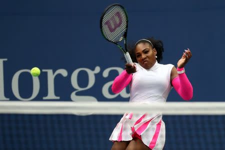 Sep 5, 2016; New York, NY, USA; Serena Williams of the United States hits a forehand against Yarolslava Shvedova of Kazakhstan (not pictured) on day eight of the 2016 U.S. Open tennis tournament at USTA Billie Jean King National Tennis Center. Williams won 6-2, 6-3. Mandatory Credit: Geoff Burke-USA TODAY Sports