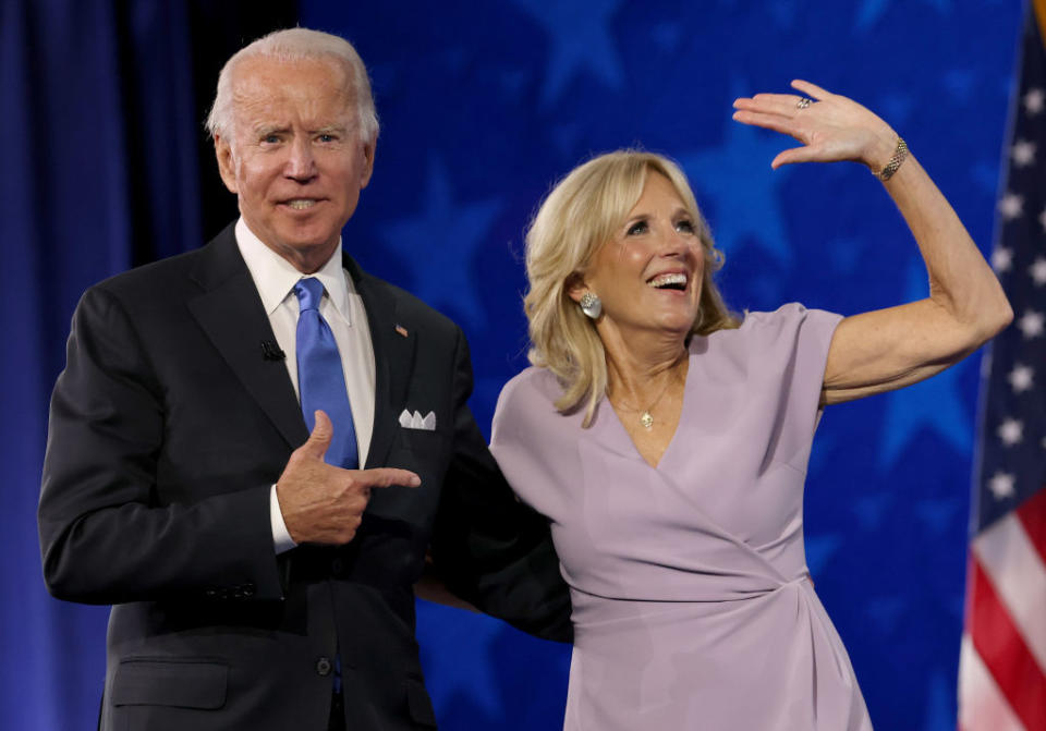 Democratic presidential nominee Joe Biden on stage with his wife Dr Jill Biden. 