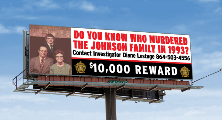 Billboard at 875 E. Main St. in Spartanburg, publicizing the reward offered in the cold case of the 1993 triple murder of a Clifton family.