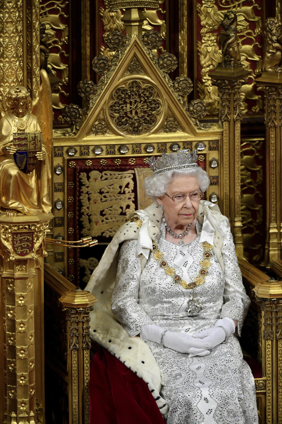 Britain's Queen Elizabeth II ahead of delivering the Queen's Speech at the official State Opening of Parliament in London, Monday Oct. 14, 2019. (Toby Melville/Pool via AP)