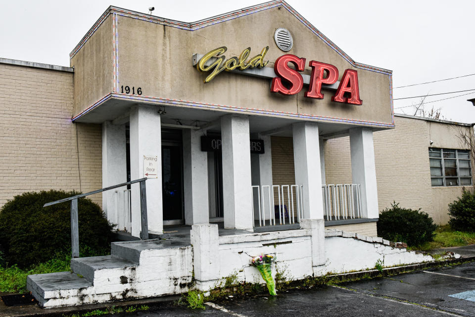 Gold Spa, one of the three Asian massage parlors attacked by a gunman on March 16, 2021. Six Asian women were among eight people he shot and killed, the most violent chapter yet in a wave of attacks on Asian Americans.  (Photo: VIRGINIE KIPPELEN via Getty Images)