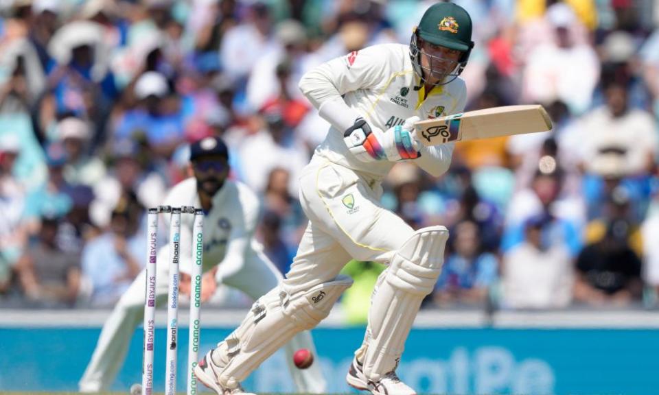 Australia’s Alex Carey hits a boundary on the fourth day of the World Test Championship against India.