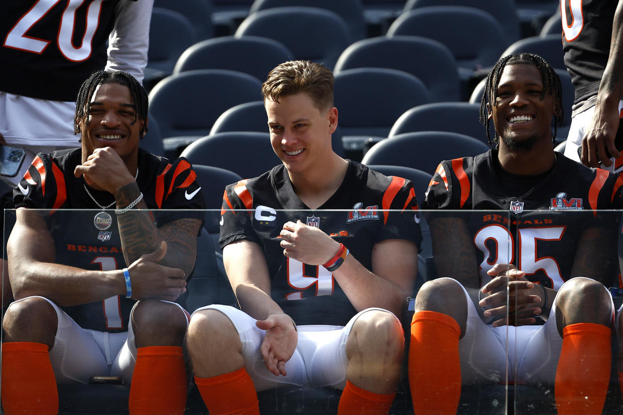 From left, Ja'Marr Chase, Joe Burrow and Tee Higgins enjoyed the Super Bowl spotlight in 2022 as AFC champions. (Photo by Ronald Martinez/Getty Images)