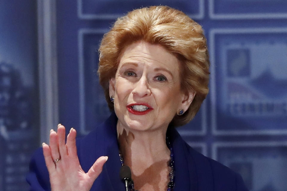 FILE - In this Oct. 15, 2018 file photo, Sen. Debbie Stabenow, D-Mich., addresses the Detroit Economic Club before debating her Republican challenger John James in Detroit. (AP Photo/Carlos Osorio)