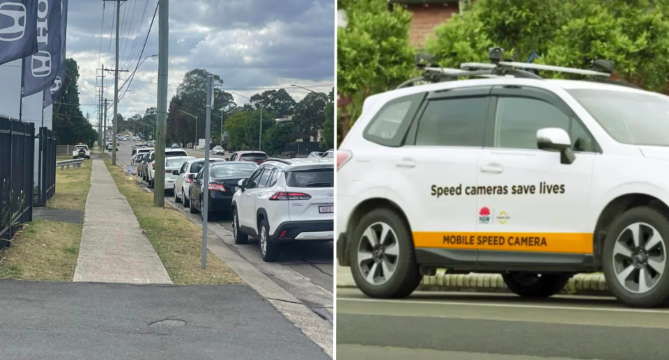 A mobile speed camera warning sign hidden behind parked cars in Sydney's west.  Source: Facebook / Transport for NSW