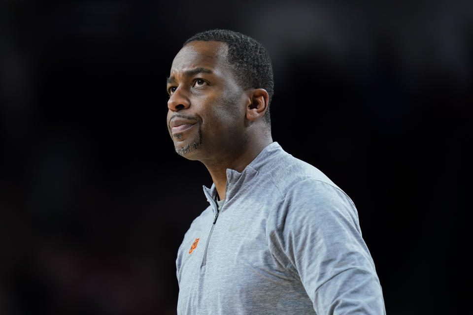 CINCINNATI, OHIO - FEBRUARY 21: Head coach Mike Boynton Jr. of the Oklahoma State Cowboys walks across the court in the second half against the Cincinnati Bearcats at Fifth Third Arena on February 21, 2024 in Cincinnati, Ohio. (Photo by Dylan Buell/Getty Images)