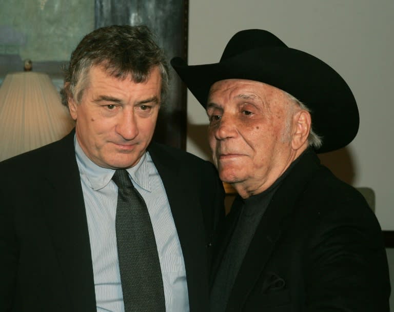 Boxer Jake LaMotta with actor Robert De Niro at a 2005 screening to celebrate the 25th anniversary of the film "Raging Bull" based on the life of the former middleweight champion