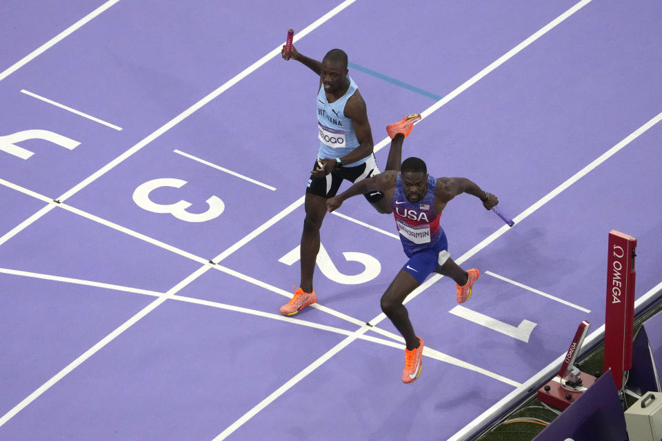 Benjamin of US holds off Tebogo of Botswana to win men's 4x400 relay at