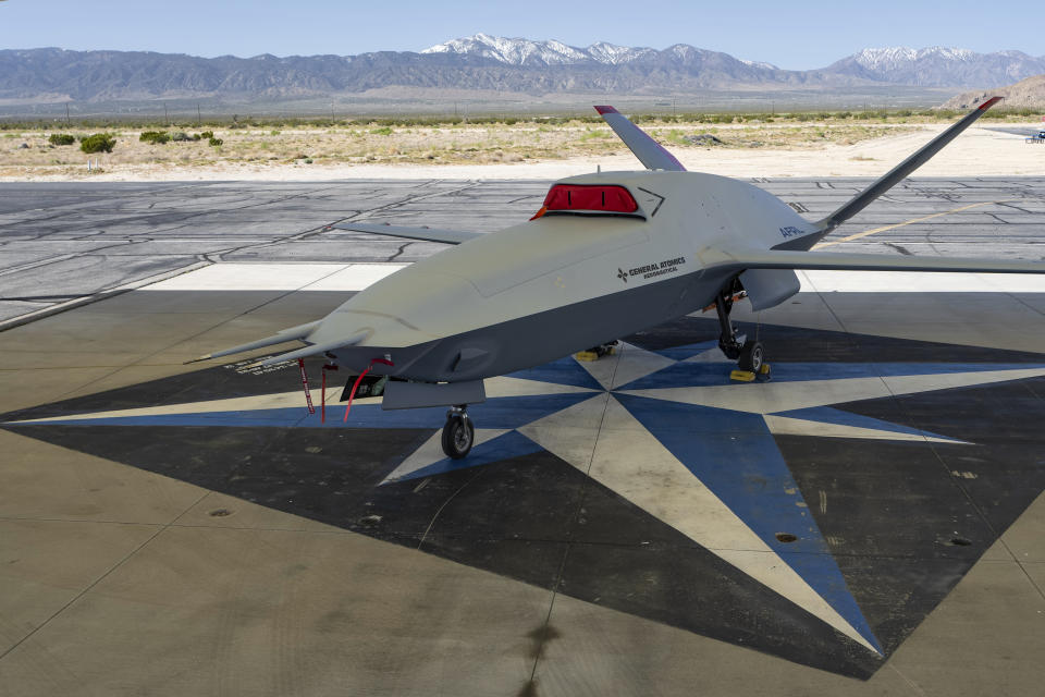 FILE - The XQ-67A Off-Board Sensing Station unmanned aerial vehicle, one prototype of the future AI drone fleet developed under the USAF's Air Force Research Laboratory, is displayed at General Atomics' test facility at Gray Butte in Palmdale, Calif., on Wednesday, May 1, 2024. (AP Photo/Damian Dovarganes, File)