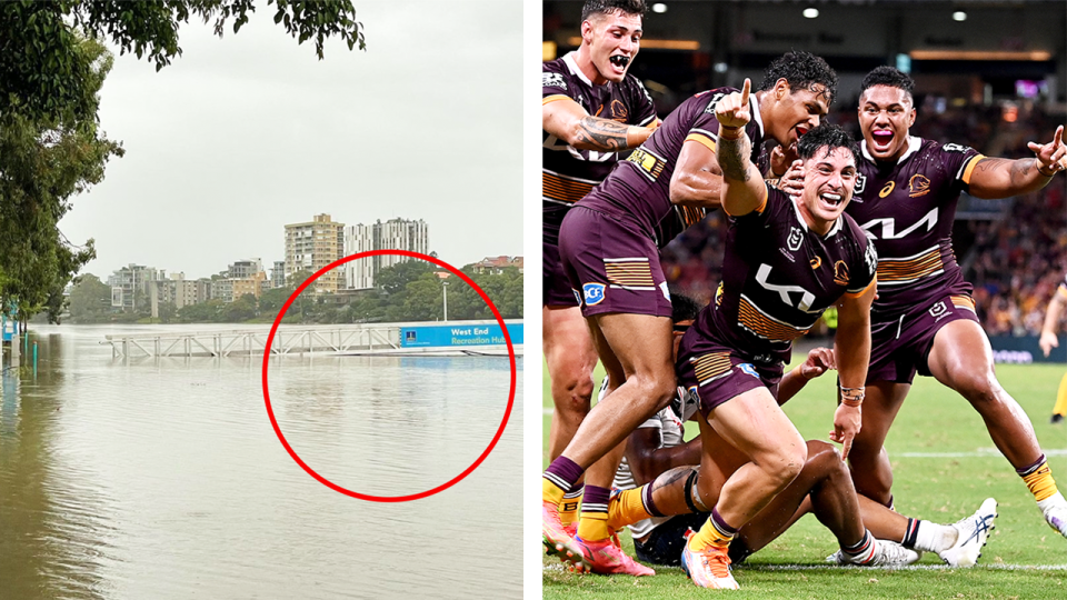 Brisbane (pictured left) during the rain and (pictured right) the Brisbane Broncos celebrating a try.