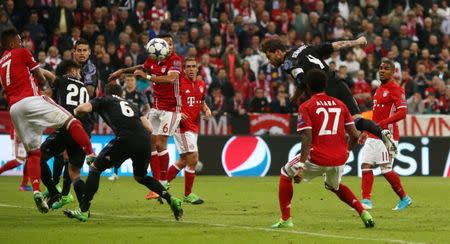 Football Soccer - Bayern Munich v Real Madrid - UEFA Champions League Quarter Final First Leg - Allianz Arena, Munich, Germany - 12/4/17 Real Madrid's Sergio Ramos shoots at goal Reuters / Michael Dalder Livepic