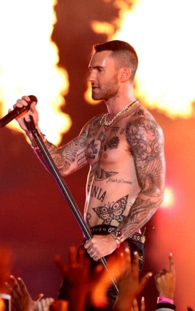 Adam Levine of Maroon 5 performs during the Pepsi Super Bowl LIII Halftime Show at Mercedes-Benz Stadium  - Credit: Getty