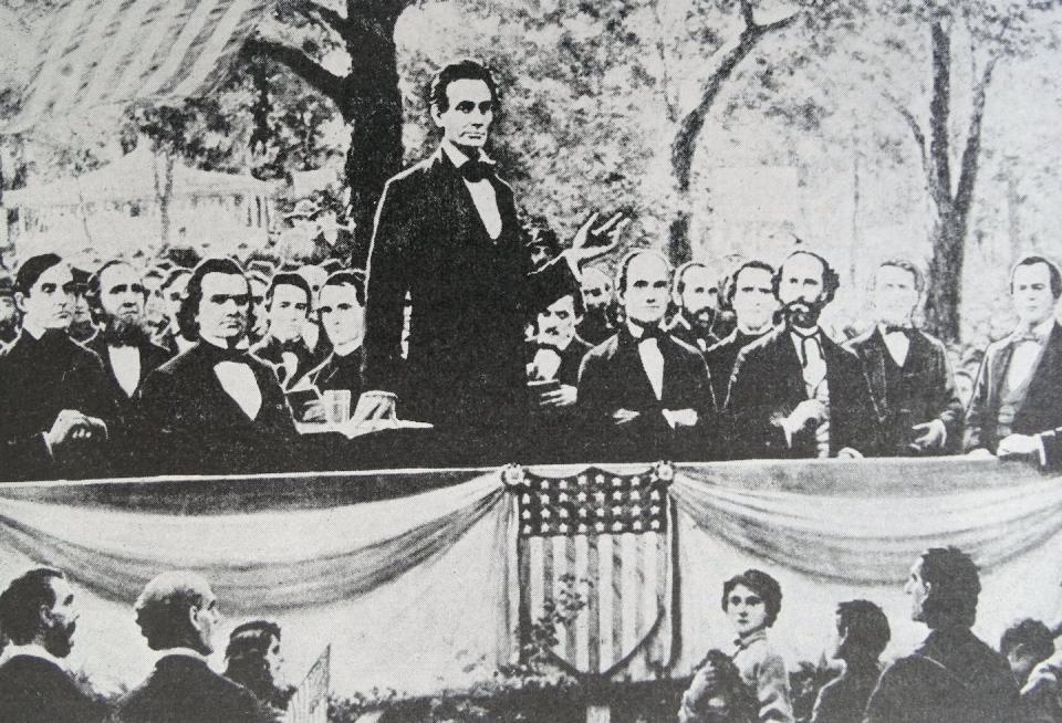 Then a candidate for the U.S. Senate, Abraham Lincoln, standing, speaks during one of seven debates with Stephen Douglas, seated at Lincoln’s right, over the issue of slavery. <a href="https://www.gettyimages.com/detail/news-photo/abraham-lincoln-in-one-of-a-series-of-seven-debates-news-photo/513680463?adppopup=true" rel="nofollow noopener" target="_blank" data-ylk="slk:Universal History Archive/UIG via Getty images;elm:context_link;itc:0;sec:content-canvas" class="link ">Universal History Archive/UIG via Getty images</a>