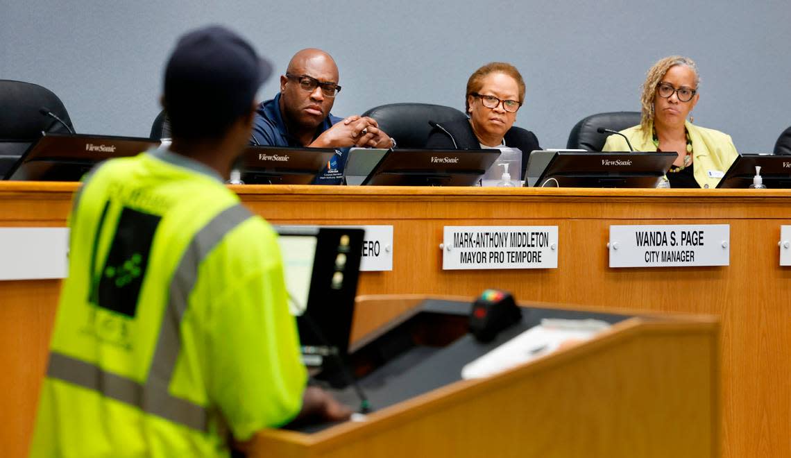 Mayor Pro Tempore Mark-Anthony Middleton, center left, City Manager Wanda Page and Durham Mayor Elaine O’Neal listen to a sanitation worker speak during a council work session at City Hall in Durham, N.C., Thursday, Sept. 7, 2023.
