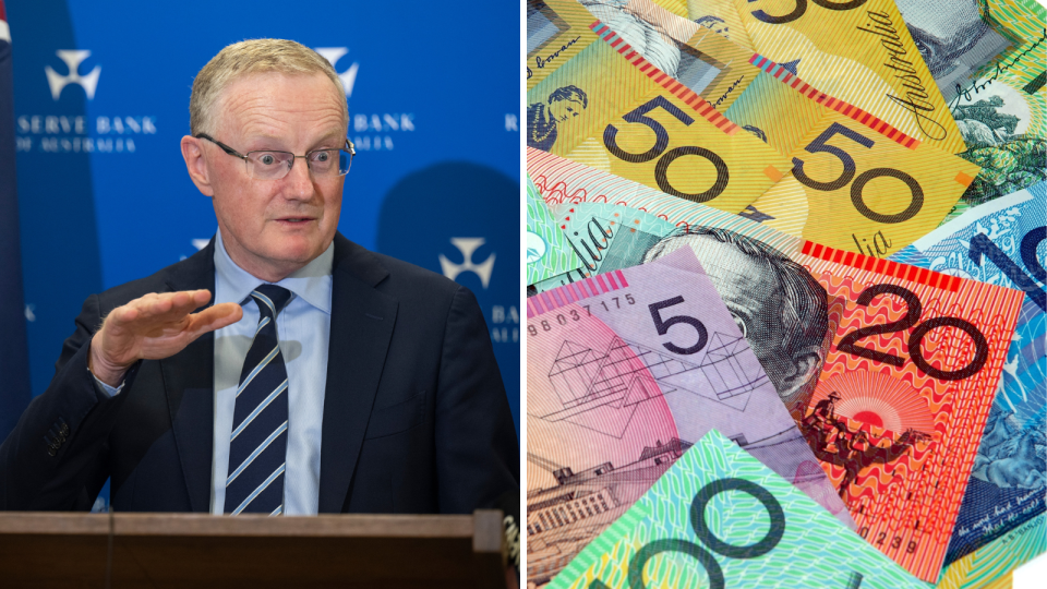 Composite image of RBA governor Philip Lowe gesturing while discussing interest rates, and Australian money bank notes.