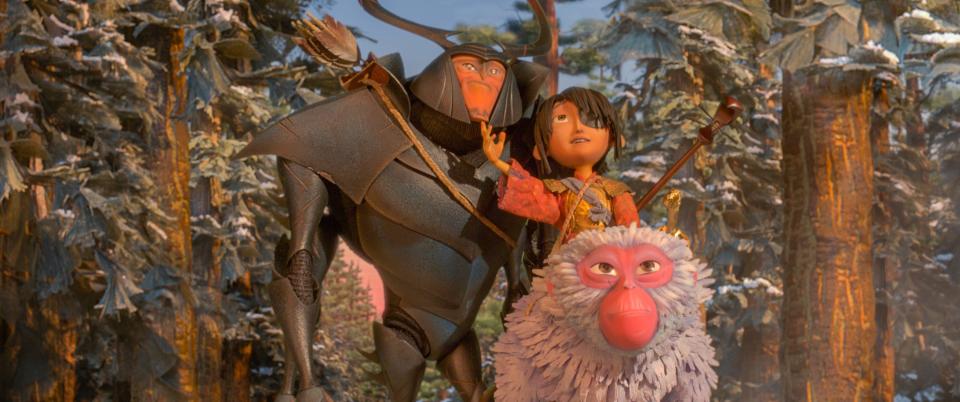 Beetle (voiced by Matthew McConaughey, left), Kubo (Art Parkinson) and Monkey (Charlize Theron) head off on an epic quest in "Kubo and the Two Strings."