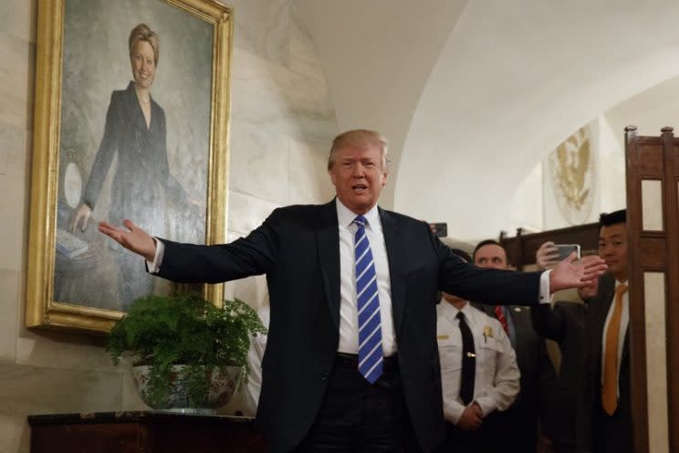 Trump greets visitors touring the White House on Tuesday. (Evan Vucci/AP)