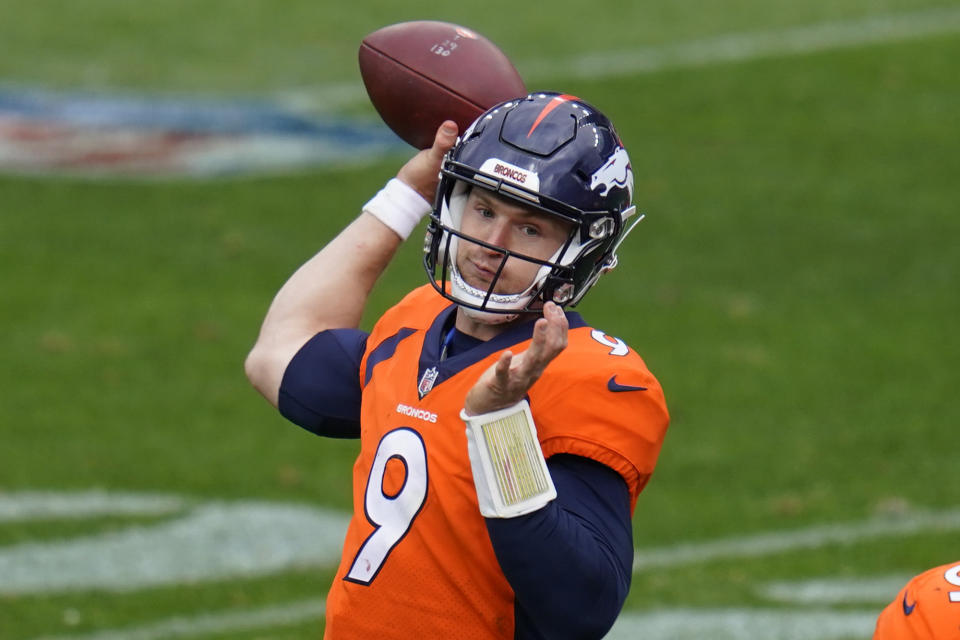 Denver Broncos quarterback Jeff Driskel throws a pass during the first half of an NFL football game against the Tampa Bay Buccaneers, Sunday, Sept. 27, 2020, in Denver. (AP Photo/Jack Dempsey)