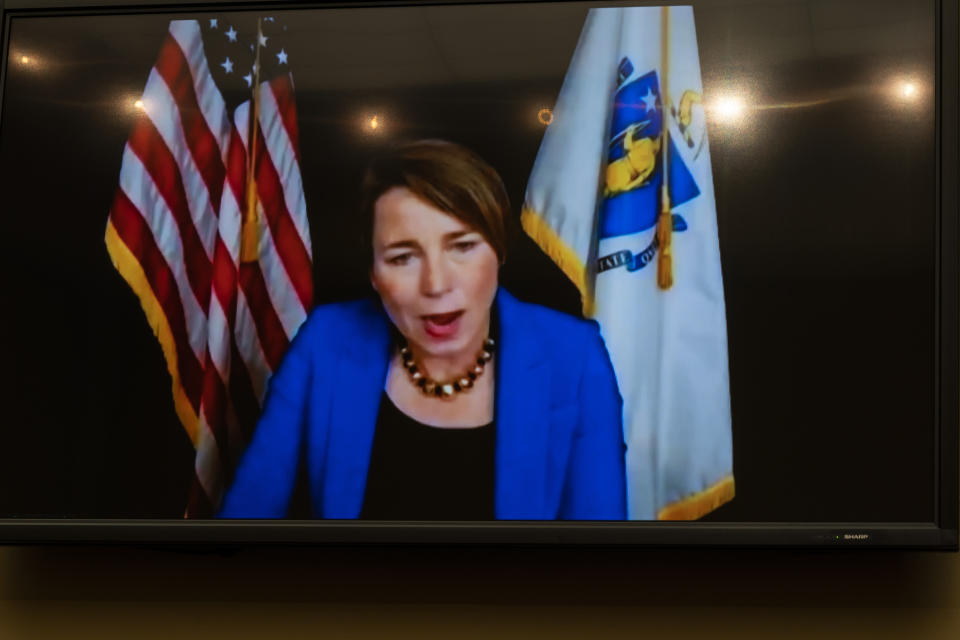 Massachusetts Attorney General Maura Healey testifies virtually, seen on a video monitor during a House Oversight Committee hearing on legislation inspired by the bankruptcy case of Purdue Pharma and the members of the wealthy Sackler family that own it, on Capitol Hill, Tuesday, June 8, 2021, in Washington. (AP Photo/Manuel Balce Ceneta)