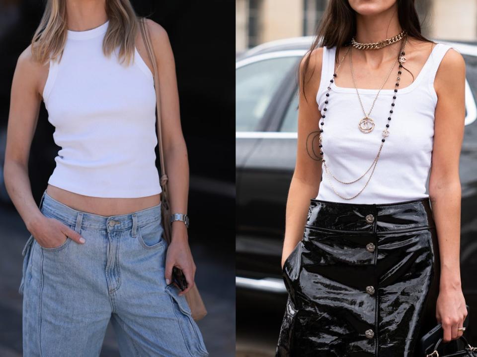 White tank top styled with jeans and a skirt.