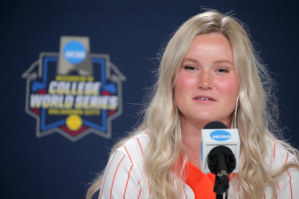 Oklahoma Sate's Kelly Maxwell speaks during a press conference for the Women's College World Series at USA Softball Hall of Fame Stadium in Oklahoma City, Wednesday, May 31, 2023. 