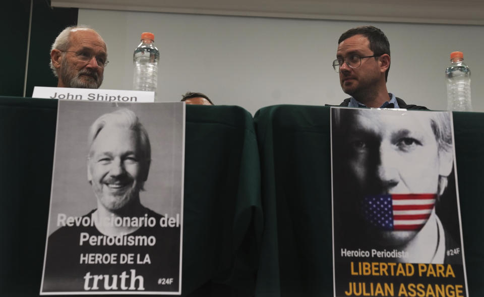 John Shipton Sr. and Gabriel Shipton, the father and brother respectively, of Julian Assange participate in an event sponsored by the Mexican ruling party Morena at the Unión Telefónica headquarters, entitled "Freedom for Julian Asange: a global struggle," in Mexico City, Wednesday, Sept. 14, 2022. (AP Photo/Marco Ugarte)