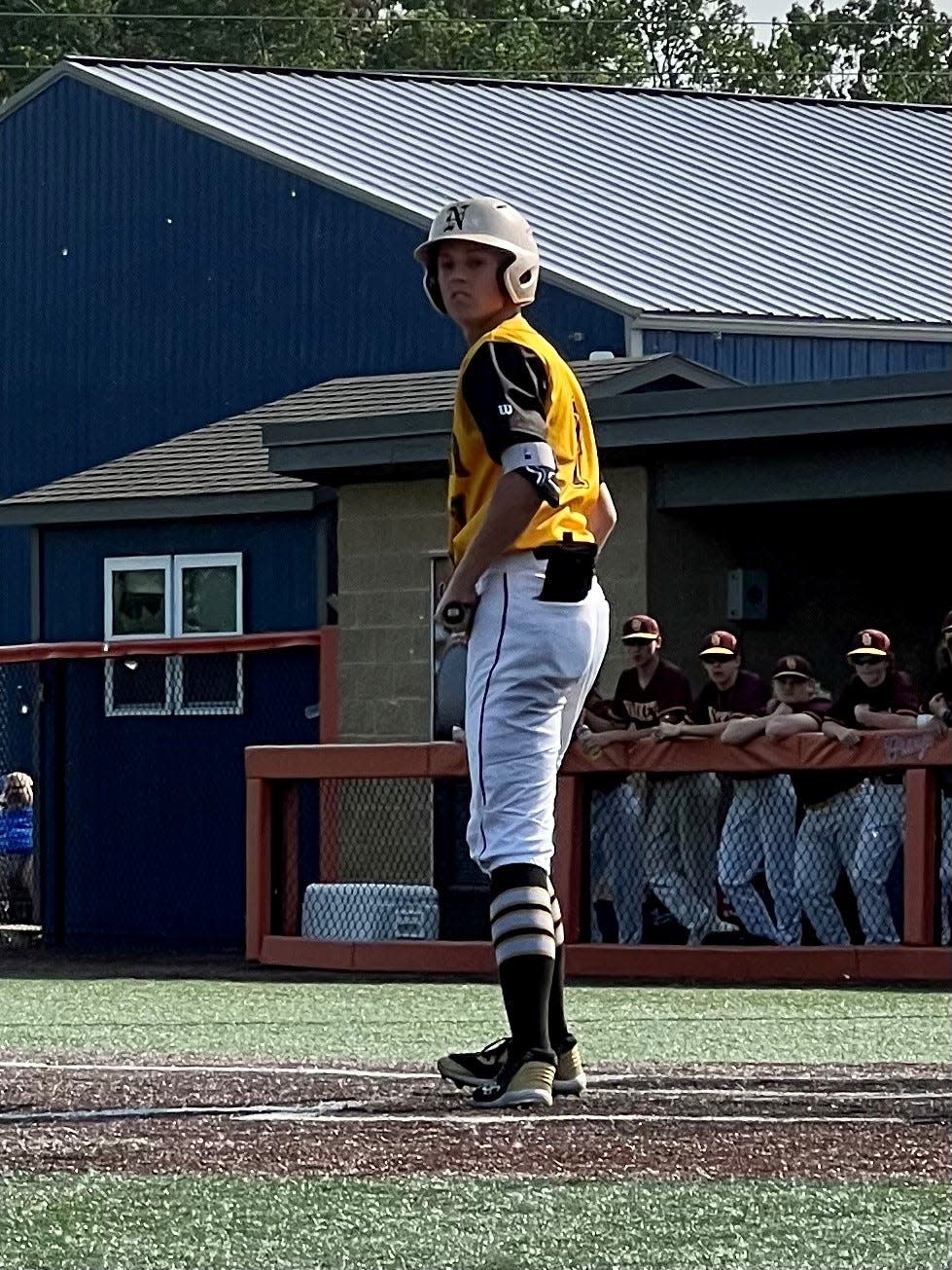 Northmor's Grant Bentley looks to the dugout during a Division IV district final baseball game at Olentangy Orange against Berne Union last year. Bentley was the Marion Star Baseball Pitcher of the Year a season ago.