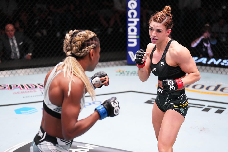 LAS VEGAS, NEVADA – MAY 20: (R-L) Mackenzie Dern faces Angela Hill in a strawweight fight during the UFC Fight Night event at UFC APEX on May 20, 2023 in Las Vegas, Nevada. (Photo by Chris Unger/Zuffa LLC via Getty Images)