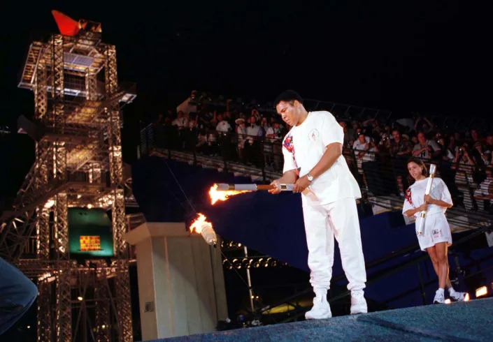 Muhammad Ali lighting the Olympic cauldron at the opening ceremony of the 1996 Summer Olympics in Atlanta.