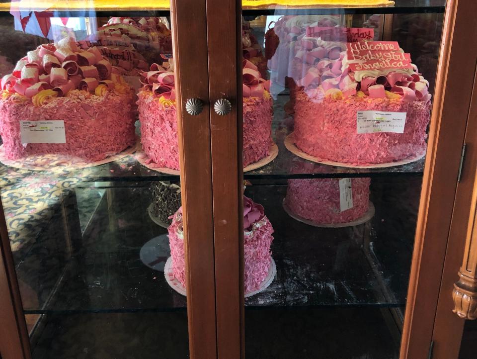 Pink Champagne Cakes Ready to Be Picked Up at Bakery madonna inn