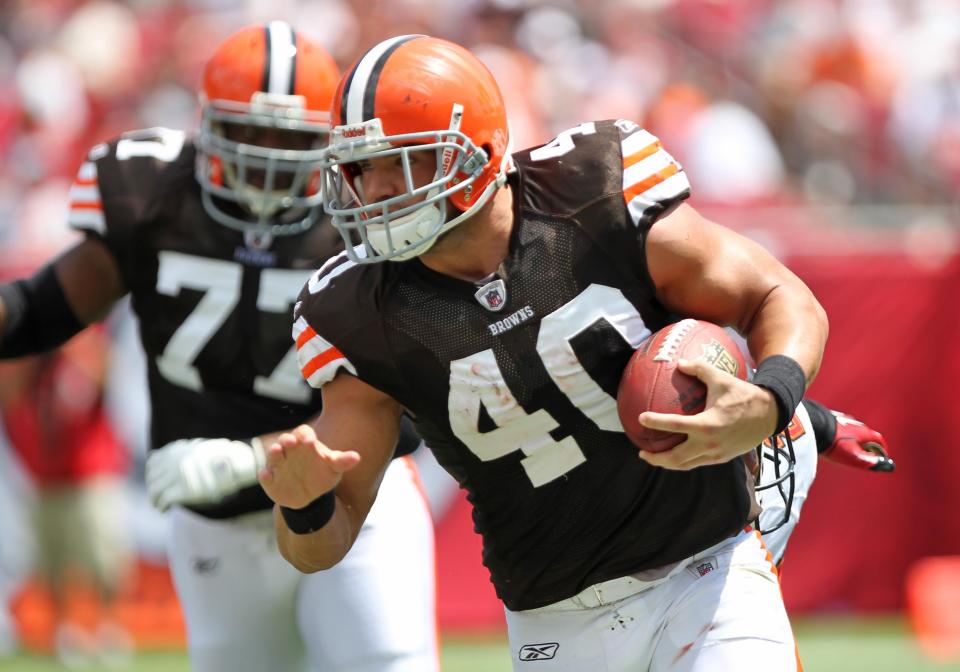 The file photo from Sept. 12, 2010 shows Browns running back Peyton Hillis running with the ball during the first half against the Buccaneers at Raymond James Stadium in Tampa, Fla.