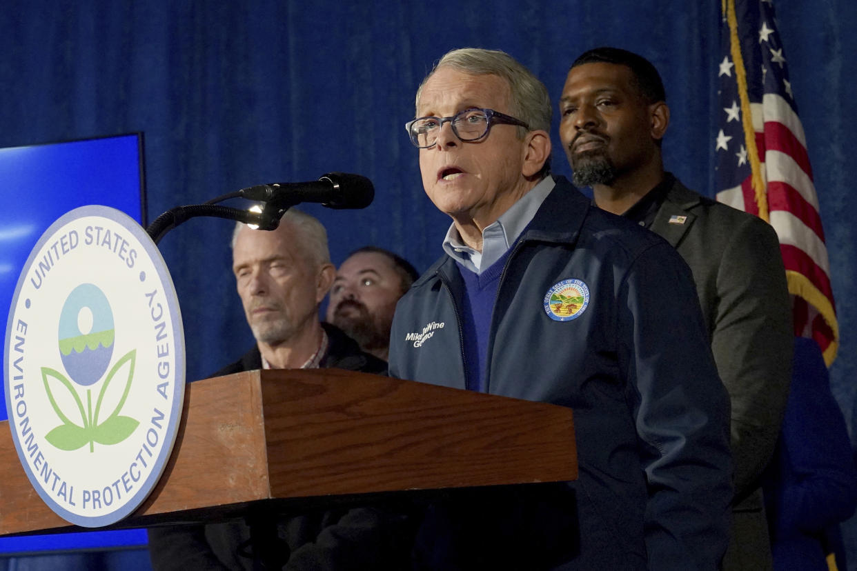 Ohio Gov. Mike DeWine at the microphone, at a podium marked: United States Environmental Protection Agency.