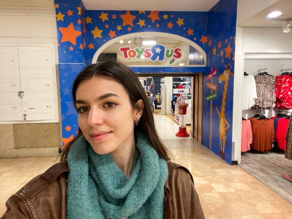 Ann Matica in front of the Toy's 'R' Us entrance.