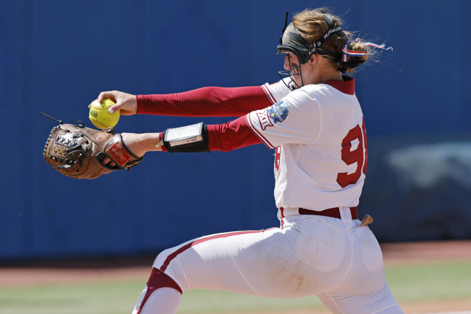 Oklahoma's Jordyn Bahl pitches against Tennessee during the fourth inning of an NCAA softball Women's College World Series game Saturday, June 3, 2023, in Oklahoma City. (AP Photo/Nate Billings)