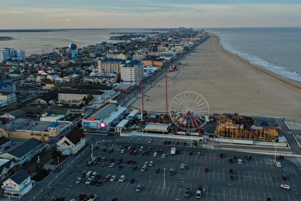 File: A picture from a drone of the Ocean City inlet and Ocean City boardwalk is seen.