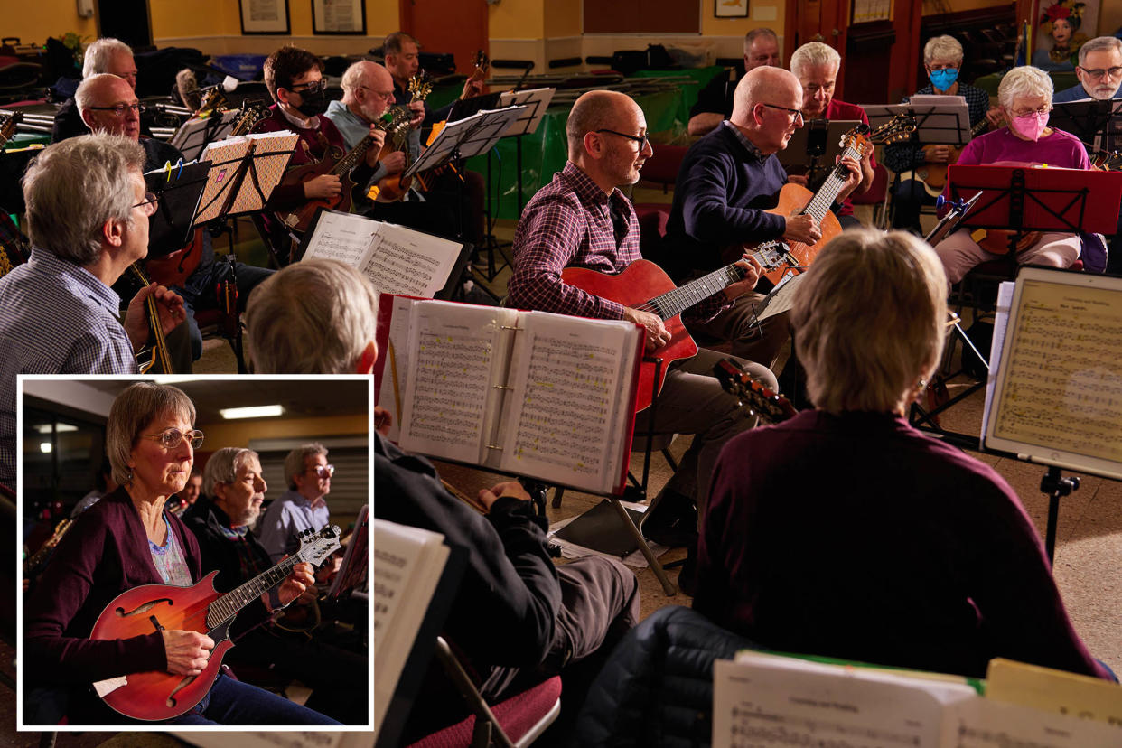Members of the New York Mandolin Orchestra rehearse