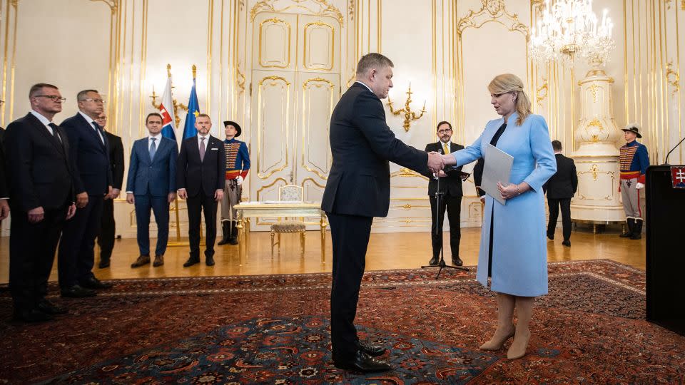 President Zuzana Caputova appoints Robert Fico the new Slovakian prime minister at the Presidential Palace in Bratislava, Slovakia, on 25 October 2023. - Jakub Gavlak/EPA-EFE/Shutterstock