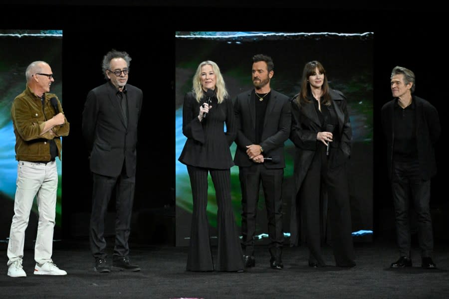 LAS VEGAS, NEVADA – APRIL 09: (L-R) Michael Keaton, Tim Burton, Catherine O’Hara, Justin Theroux, Monica Bellucci and Willem Dafoe speak onstage during the Warner Bros. Pictures Presentation during CinemaCon 2024 at The Colosseum at Caesars Palace on April 09, 2024 in Las Vegas, Nevada. (Photo by David Becker/Getty Images)