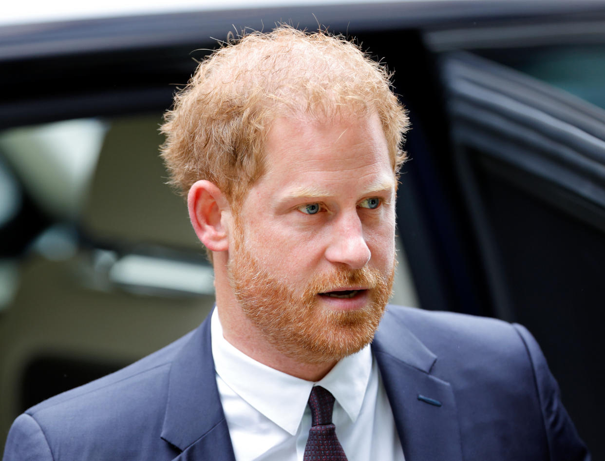 LONDON, UNITED KINGDOM - JUNE 06: (EMBARGOED FOR PUBLICATION IN UK NEWSPAPERS UNTIL 24 HOURS AFTER CREATE DATE AND TIME) Prince Harry, Duke of Sussex arrives to give evidence at the Mirror Group phone hacking trial at the Rolls Building of the High Court on June 6, 2023 in London, England. Prince Harry is one of several claimants in a lawsuit against Mirror Group Newspapers related to allegations of unlawful information gathering in previous decades. (Photo by Max Mumby/Indigo/Getty Images)