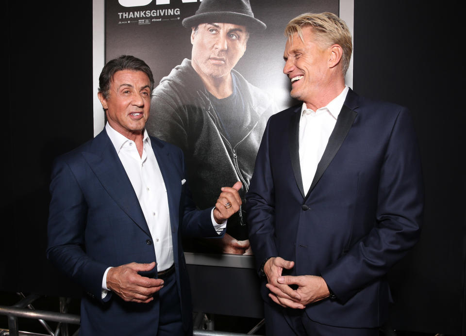 WESTWOOD, CA - NOVEMBER 19:  Sylvester Stallone and Dolph Lundgren attend the premiere of Warner Bros. Pictures' 