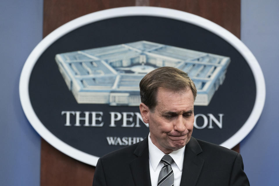 Pentagon spokesman John Kirby reacts after finishing a media briefing at the Pentagon, Tuesday, May 17, 2022, in Washington. (AP Photo/Alex Brandon)