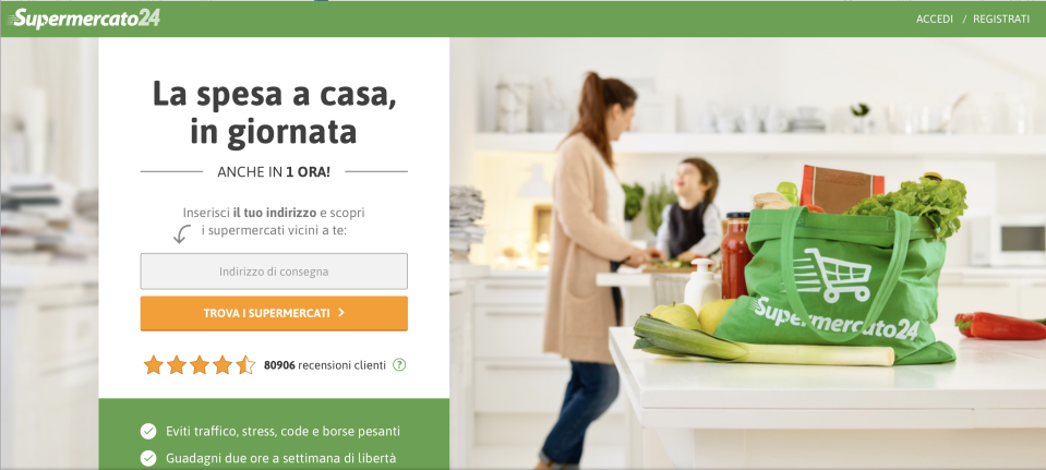 <p>Supermercato24 è il primo player italiano della spesa online, con consegna a casa in giornata, anche in un’ora. Accedendo alla piattaforma, i clienti possono scegliere il proprio supermercato preferito, fare la spesa online e riceverla a casa all’orario richiesto. (foto sito web) </p>