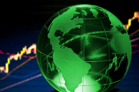 Green globe with stock chart in background